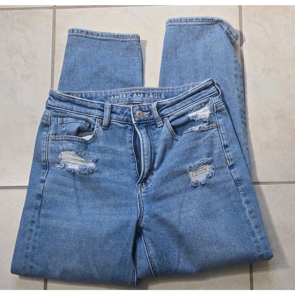 American Eagle Mom Straight Distressed Blue Denim Women's Jeans Size 4